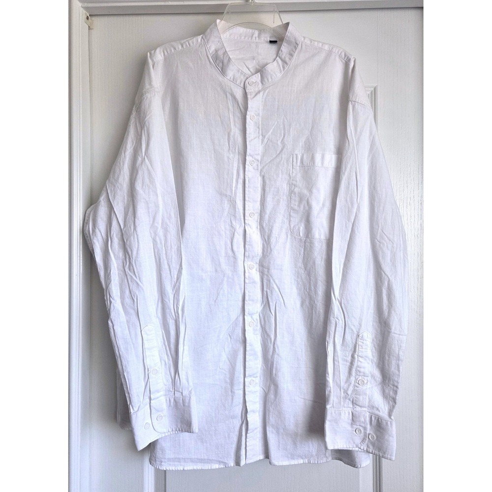 Design In Italy Mens White Band Collar Linen Blend Long Sleeve Shirt 4XL